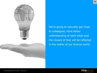 33

We’re going to naturally get close

to colleagues, have better
understanding of each other and
the reward of that will be reflected

in the reality of our diverse world.

© Transnational Management Associates Ltd. All Rights Reserved.

 