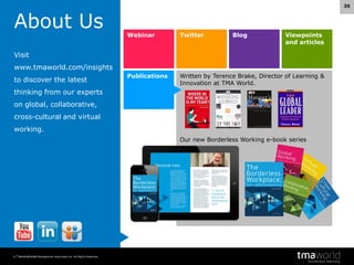 About Us

35

Webinar

Twitter

Blog

Viewpoints
and articles

Publications

Written by Terence Brake, Director of Learning &
Innovation at TMA World.

Visit
www.tmaworld.com/insights

to discover the latest
thinking from our experts
on global, collaborative,
cross-cultural and virtual
working.

Our new Borderless Working e-book series

© Transnational Management Associates Ltd. All Rights Reserved.

 