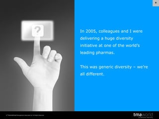 9

In 2005, colleagues and I were
delivering a huge diversity
initiative at one of the world’s
leading pharmas.
This was generic diversity – we’re

all different.

© Transnational Management Associates Ltd. All Rights Reserved.

 