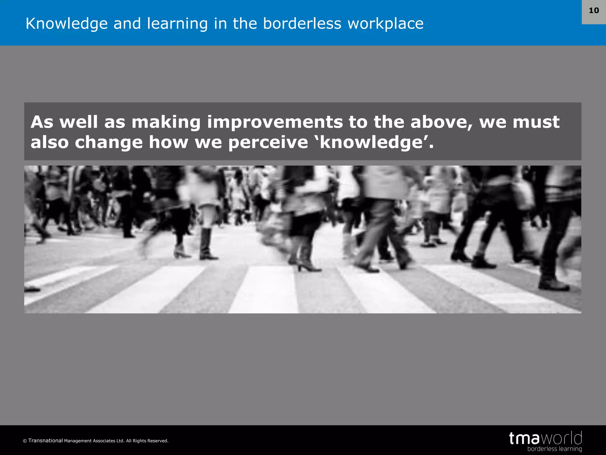 Knowledge and learning in the borderless workplace
© Transnational Management Associates Ltd. All Rights Reserved.
10
As well as making improvements to the above, we must
also change how we perceive ‘knowledge’.
 
