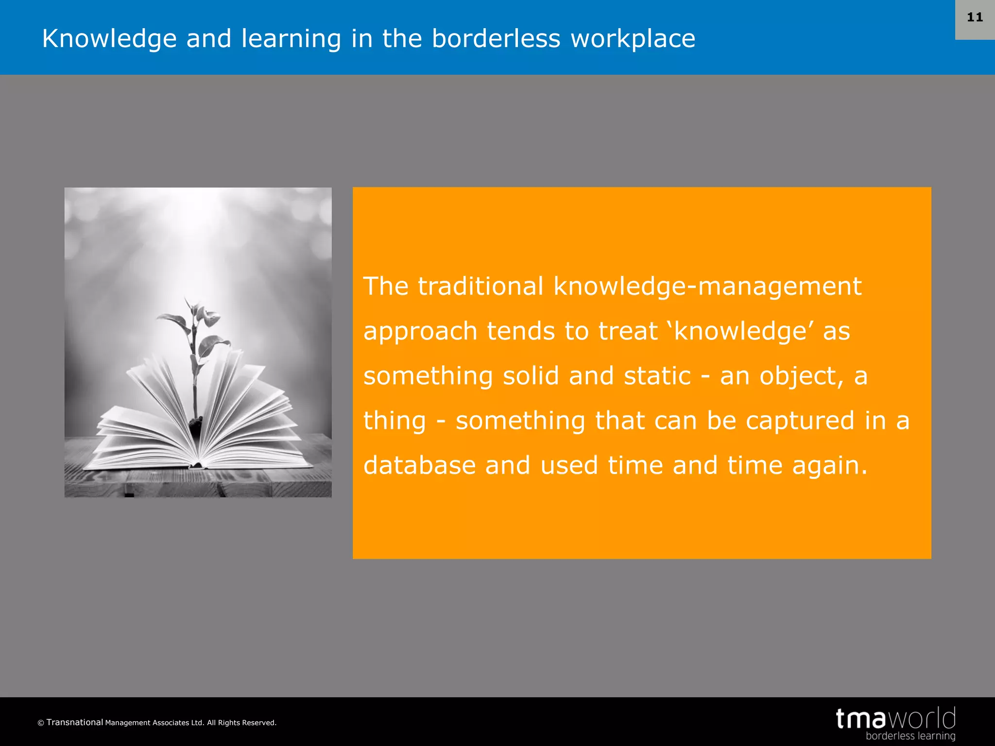 Knowledge and learning in the borderless workplace
© Transnational Management Associates Ltd. All Rights Reserved.
11
The traditional knowledge-management
approach tends to treat ‘knowledge’ as
something solid and static - an object, a
thing - something that can be captured in a
database and used time and time again.
 