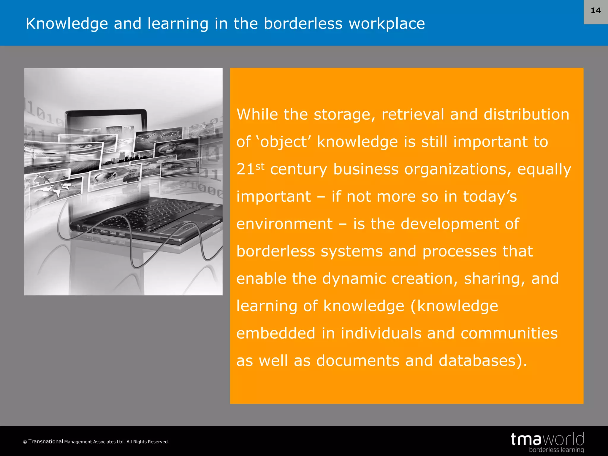 Knowledge and learning in the borderless workplace
© Transnational Management Associates Ltd. All Rights Reserved.
14
While the storage, retrieval and distribution
of ‘object’ knowledge is still important to
21st century business organizations, equally
important – if not more so in today’s
environment – is the development of
borderless systems and processes that
enable the dynamic creation, sharing, and
learning of knowledge (knowledge
embedded in individuals and communities
as well as documents and databases).
 