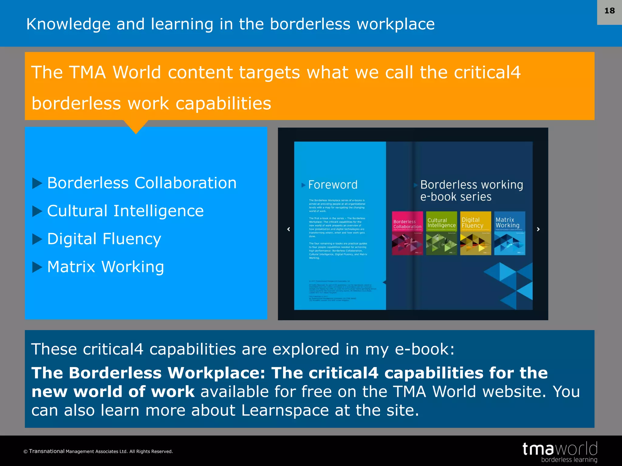Knowledge and learning in the borderless workplace
© Transnational Management Associates Ltd. All Rights Reserved.
18
The TMA World content targets what we call the critical4
borderless work capabilities
 Borderless Collaboration
 Cultural Intelligence
 Digital Fluency
 Matrix Working
These critical4 capabilities are explored in my e-book:
The Borderless Workplace: The critical4 capabilities for the
new world of work available for free on the TMA World website. You
can also learn more about Learnspace at the site.
 