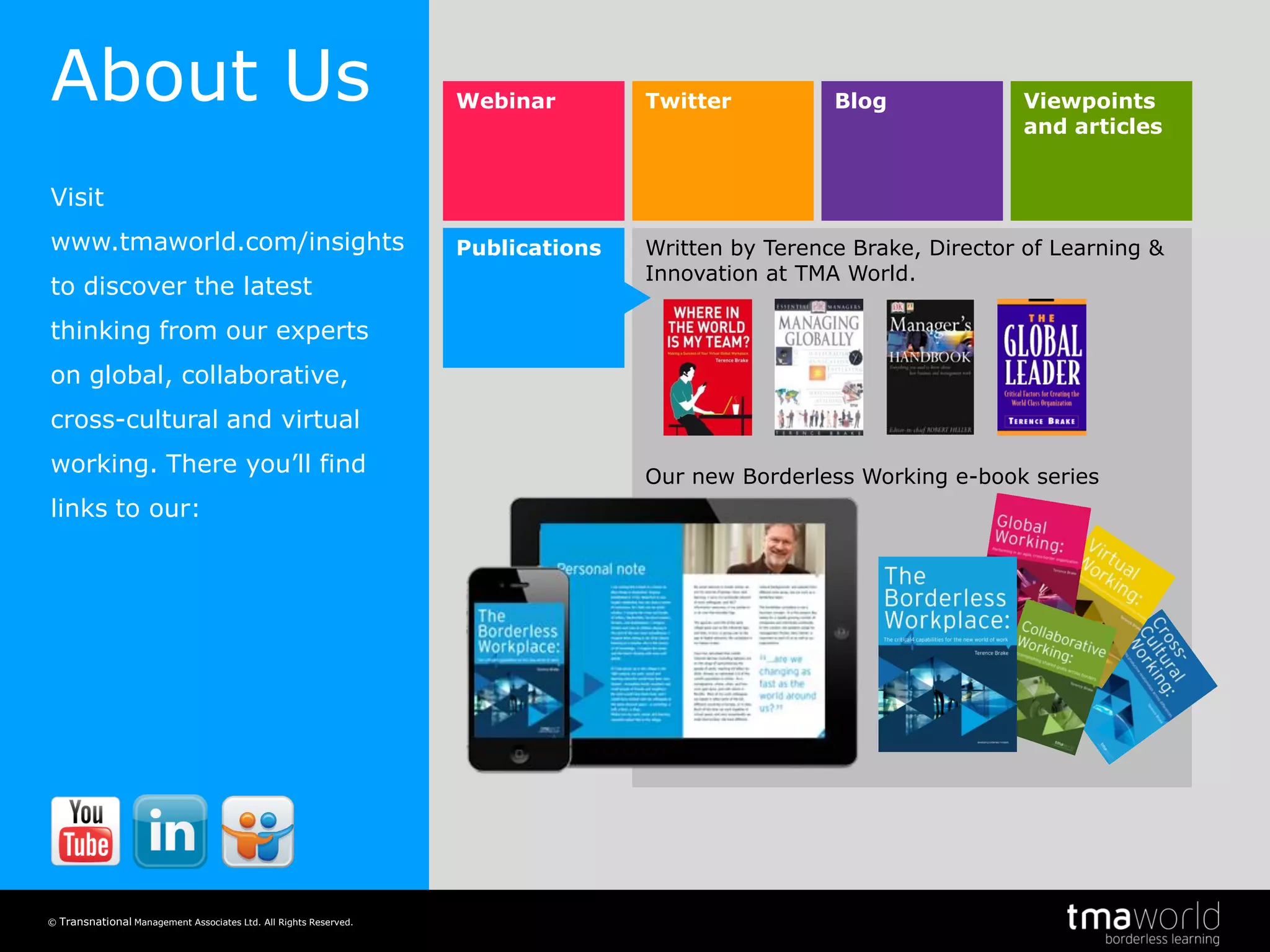 Knowledge and learning in the borderless workplace
© Transnational Management Associates Ltd. All Rights Reserved.
19
Webinar Twitter Blog Viewpoints
and articles
Publications Written by Terence Brake, Director of Learning &
Innovation at TMA World.
Our new Borderless Working e-book series
About Us
Visit
www.tmaworld.com/insights
to discover the latest
thinking from our experts
on global, collaborative,
cross-cultural and virtual
working. There you’ll find
links to our:
 