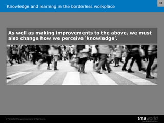 Knowledge and learning in the borderless workplace
© Transnational Management Associates Ltd. All Rights Reserved.
10
As well as making improvements to the above, we must
also change how we perceive ‘knowledge’.
 