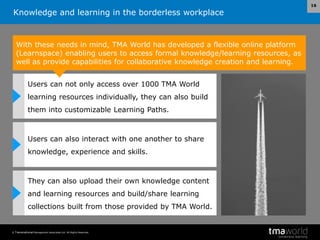 Knowledge and learning in the borderless workplace
© Transnational Management Associates Ltd. All Rights Reserved.
16
With these needs in mind, TMA World has developed a flexible online platform
(Learnspace) enabling users to access formal knowledge/learning resources, as
well as provide capabilities for collaborative knowledge creation and learning.
Users can not only access over 1000 TMA World
learning resources individually, they can also build
them into customizable Learning Paths.
Users can also interact with one another to share
knowledge, experience and skills.
They can also upload their own knowledge content
and learning resources and build/share learning
collections built from those provided by TMA World.
 