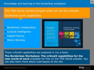 Knowledge and learning in the borderless workplace
© Transnational Management Associates Ltd. All Rights Reserved.
18
The TMA World content targets what we call the critical4
borderless work capabilities
 Borderless Collaboration
 Cultural Intelligence
 Digital Fluency
 Matrix Working
These critical4 capabilities are explored in my e-book:
The Borderless Workplace: The critical4 capabilities for the
new world of work available for free on the TMA World website. You
can also learn more about Learnspace at the site.
 