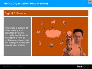 © Transnational Management Associates Ltd. All Rights Reserved.
13
Matrix Organization Best Practices
Digital Influence
Encourage a culture of
transparency and
openness by using
corporate social media
to support a flow of
continuous engagement
and dialogue across and
beyond your matrix.
 