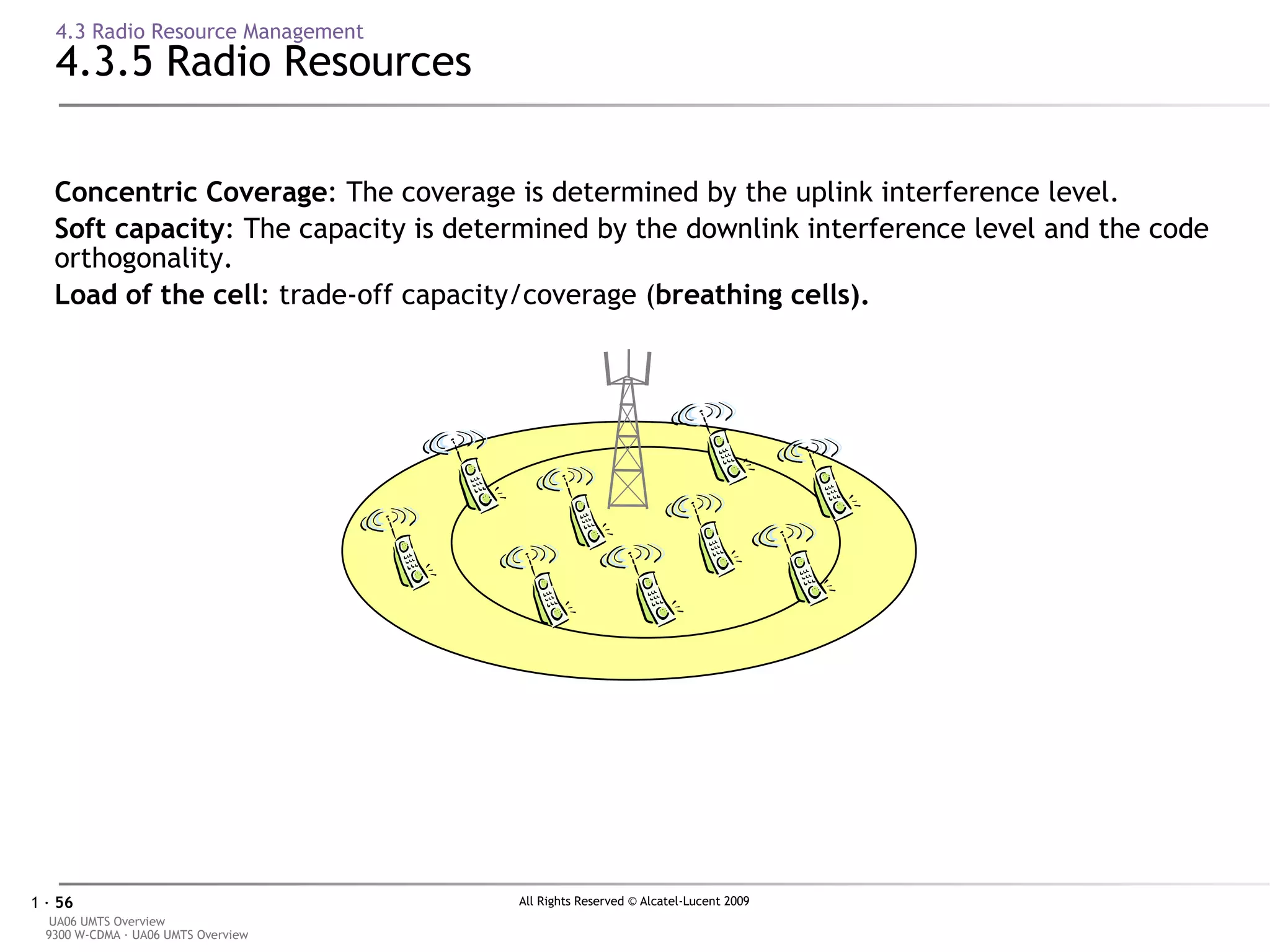 4.3 Radio Resource Management 4.3.5 Radio Resources Concentric Coverage : The coverage is determined by the uplink interference level. Soft capacity : The capacity is determined by the downlink interference level and the code orthogonality. Load of the cell : trade-off capacity/coverage ( breathing cells). 