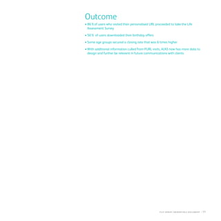 Outcome
•	86%of users who visited their personalised URL proceeded to take the Life 	 	
	 Assessment Survey
•	50% of users downloaded their birthday offers
•	Some age groups secured a closing rate that was 6 times higher
•	With additional information culled from PURL visits, AIAS now has more data to 	
	 design and further be relevant in future communications with clients
fuji Xerox credentials DOCUMENT   : 11
 
