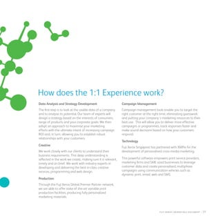 How does the 1:1 Experience work?
Data Analysis and Strategy Development
The first step is to look at the usable data of a company
and to analyse its potential. Our team of experts will
design a strategy based on the interests of consumers,
range of products and your corporate goals. We then
adopt an approach to maximise your marketing
efforts with the ultimate intent of increasing campaign
ROI and, in turn, allowing you to establish robust
relationships with your customers.
Creative
We work closely with our clients to understand their
business requirements. This deep understanding is
reflected in the work we create, making sure it is relevant,
timely and on brief. We work with industry experts in
developing and delivering the best-in-class creative
services, programming and web design.
Production
Through the Fuji Xerox Global Premier Partner network,
we are able to offer state-of-the-art variable print
production facilities, producing fully personalized
marketing materials.
Campaign Management
Campaign management tools enable you to target the
right customer at the right time, eliminating guesswork
and putting your company’s marketing resources to their
best use. This will allow you to deliver more effective
campaigns or programmes, track responses faster and
make sound decisions based on how your customers
respond.
Technology
Fuji Xerox Singapore has partnered with XMPie for the
development of personalised cross-media marketing.
This powerful software empowers print service providers,
marketing firms and SME sized businesses to leverage
customer data and create personalised, multiphase
campaigns using communication vehicles such as
dynamic print, email, web and SMS.
fuji Xerox credentials DOCUMENT   : 17
 