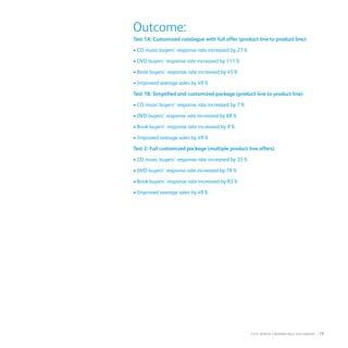 Outcome:
Test 1A: Customized catalogue with full offer (product line to product line):
• CD music buyers’ response rate increased by 27%
• DVD buyers’ response rate increased by 111%
• Book buyers’ response rate increased by 45%
• Improved average sales by 49%
Test 1B: Simplified and customized package (product line to product line)
• CD music buyers’ response rate increased by 7%
• DVD buyers’ response rate increased by 68%
• Book buyers’ response rate increased by 9%
• Improved average sales by 49%
Test 2: Full customized package (multiple product line offers)
• CD music buyers’ response rate increased by 35%
• DVD buyers’ response rate increased by 78%
• Book buyers’ response rate increased by 83%
• Improved average sales by 49%
fuji Xerox credentials DOCUMENT   : 19
 
