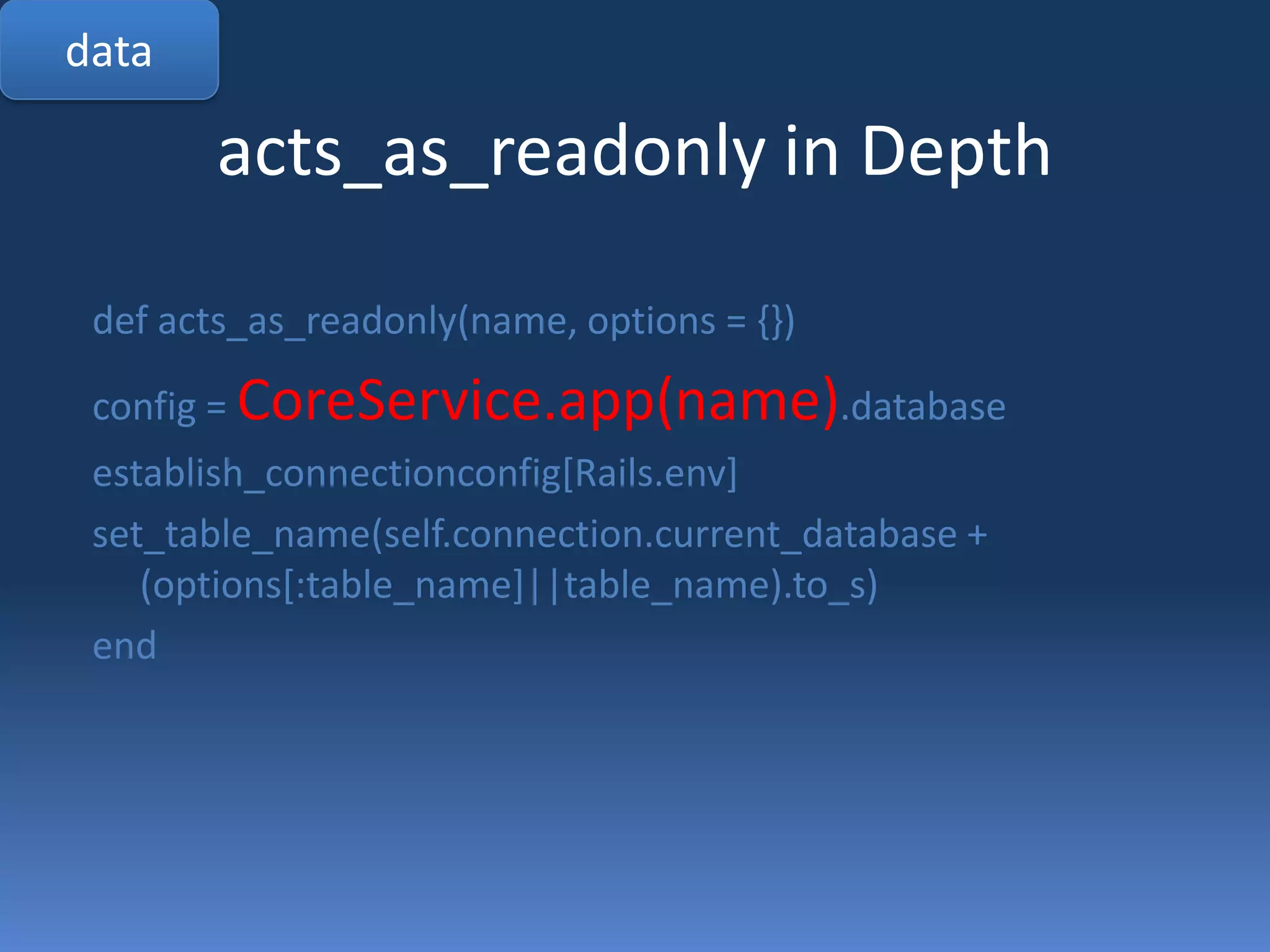 CodedataModel:class CoursePackage< ActiveRecord::Baseacts_as_readonly:courseendView:<ul><%CoursePackage.all.eachdo |package| %><li><%= package.title %> <%= package.price %></li><%end %></ul>