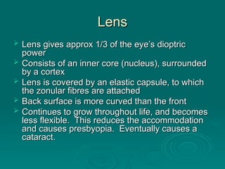 Lens
Lens
 Lens gives approx 1/3 of the eye’s dioptric
Lens gives approx 1/3 of the eye’s dioptric
power
power
 Consists of an inner core (nucleus), surrounded
Consists of an inner core (nucleus), surrounded
by a cortex
by a cortex
 Lens is covered by an elastic capsule, to which
Lens is covered by an elastic capsule, to which
the zonular fibres are attached
the zonular fibres are attached
 Back surface is more curved than the front
Back surface is more curved than the front
 Continues to grow throughout life, and becomes
Continues to grow throughout life, and becomes
less flexible. This reduces the accommodation
less flexible. This reduces the accommodation
and causes presbyopia. Eventually causes a
and causes presbyopia. Eventually causes a
cataract.
cataract.
 