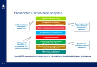 VN.FI
Hiilineutraali ja luonnon
monimuotoisuuden turvaava Suomi
Suomi kokoaan suurempi maailmalla
Turvallinen oikeusvaltio Suomi
Elinvoimainen Suomi
Luottamuksen ja tasa-arvoisten
työmarkkinoiden Suomi
Kestävän talouden Suomi
Oikeudenmukainen, yhdenvertainen ja
mukaan ottava Suomi
Osaamisen, sivistyksen ja
innovaatioiden Suomi
Pääministeri Rinteen hallitusohjelma
Suomi 2030 on sosiaalisesti, ekologisesti ja taloudellisesti kestävän kehityksen yhteiskunta
Eriarvoisuus
vähenee ja tuloerot
pienenevät
Julkinen talous on
tasapainossa
vuonna 2023
Työllisyysaste
nostetaan 75
prosenttiin v. 2023
loppuun mennessä
Suomi kulkee kohti
hiilineutraaliutta
vuoteen 2035
mennessä
 