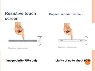 Resistive touch
screen
Capacitive touch screen
image clarity 75% only clarity of up to about 90%
 