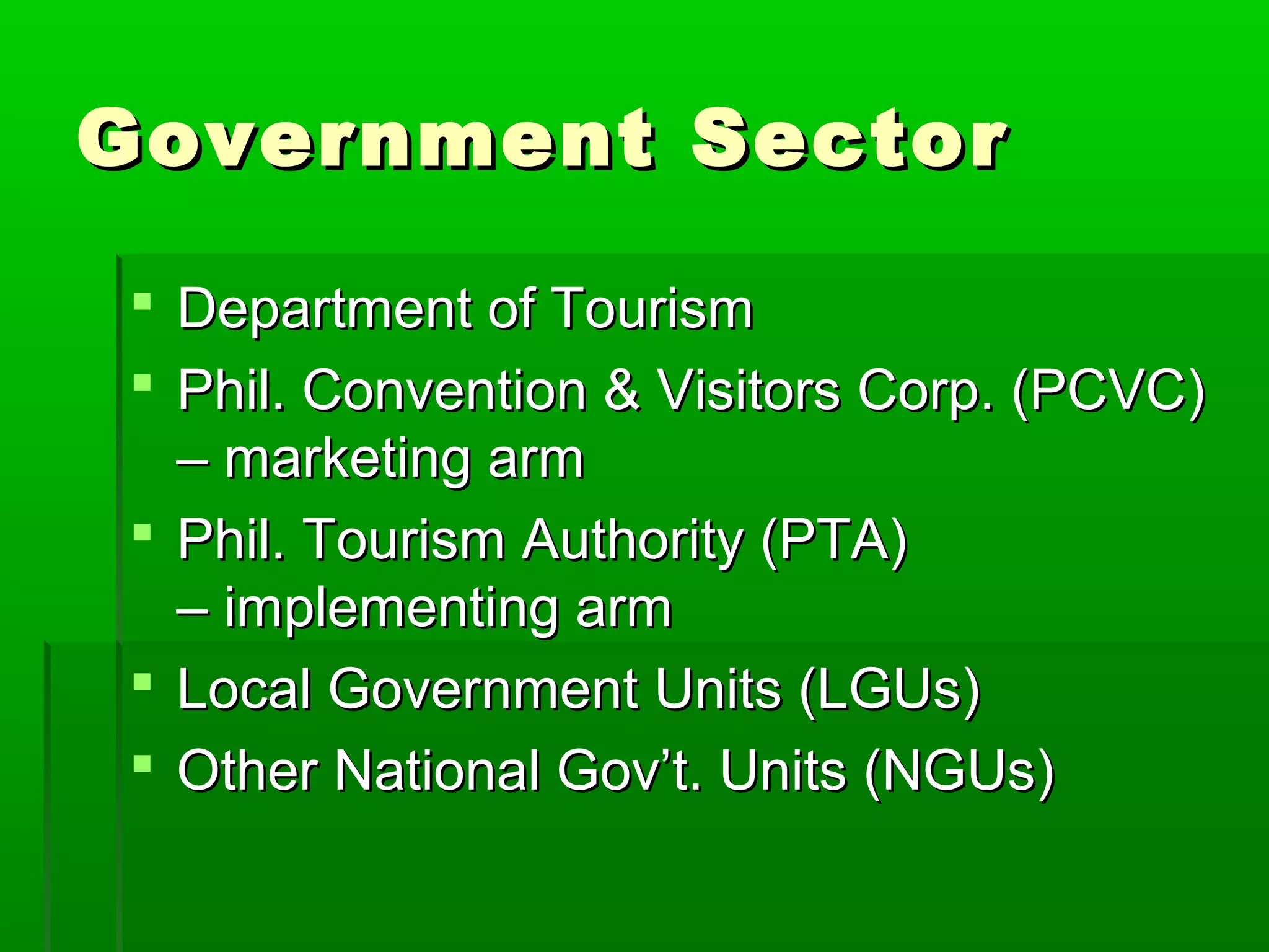 GGoovveerrnnmmeenntt SSeeccttoorr 
 DDeeppaarrttmmeenntt ooff TToouurriissmm 
 PPhhiill.. CCoonnvveennttiioonn && VViissiittoorrss CCoorrpp.. ((PPCCVVCC)) 
–– mmaarrkkeettiinngg aarrmm 
 PPhhiill.. TToouurriissmm AAuutthhoorriittyy ((PPTTAA)) 
–– iimmpplleemmeennttiinngg aarrmm 
 LLooccaall GGoovveerrnnmmeenntt UUnniittss ((LLGGUUss)) 
 OOtthheerr NNaattiioonnaall GGoovv’’tt.. UUnniittss ((NNGGUUss)) 
 