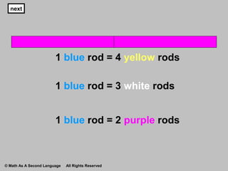 nextnext
1 blue rod = 4 yellow rods
1 blue rod = 3 white rods
next
1 blue rod = 2 purple rods
© Math As A Second Language All Rights Reserved
 