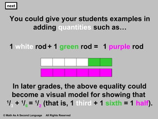 next
You could give your students examples in
adding quantities such as…
next
1 white rod 1 purple rod+ 1 green rod =
nextnext
In later grades, the above equality could
become a visual model for showing that
1
/3 + 1
/6 = 1
/2 (that is, 1 third + 1 sixth = 1 half).
nextnext
© Math As A Second Language All Rights Reserved
 