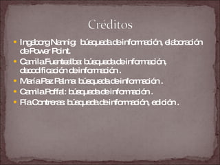 Ingeborg Nannig:  búsqueda de información, elaboración de Power Point. Camila Fuentealba: búsqueda de información, decodificación de información . María Paz Palma: búsqueda de información . Camila Poffal: búsqueda de información . Pía Contreras: búsqueda de información, edición . 