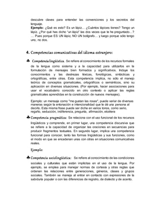 descubre claves para entender las convenciones y los secretos del
lenguaje.
Ejemplo: ¿Qué es esto? Es un lápiz… ¿Cuántos lápices tienes? Tengo un
lápiz. ¿Por qué has dicho “un lápiz” las dos veces que te he preguntado…?
… Pues porque ES UN lápiz, NO UN bolígrafo… y luego porque sólo tengo
uno, no dos.
4. Competencias comunicativas del idioma extranjero:
 Competencia lingüística. Se reﬁere al conocimiento de los recursos formales
de la lengua como sistema y a la capacidad para utilizarlos en la
formulación de mensajes bien formados y signiﬁcativos. Incluye los
conocimientos y las destrezas léxicas, fonológicas, sintácticas y
ortográﬁcas, entre otras. Esta competencia implica, no sólo el manejo
teórico de conceptos gramaticales, ortográﬁcos o semánticos, sino su
aplicación en diversas situaciones. (Por ejemplo, hacer asociaciones para
usar el vocabulario conocido en otro contexto o aplicar las reglas
gramaticales aprendidas en la construcción de nuevos mensajes).
Ejemplo: un mensaje como "me gustan las rosas", puede variar de diversas
maneras según la entonación e intencionalidad que le dé una persona al
decirlo. Esta misma frase puede ser dicha en varios tonos, como serio,
regaño, seducción, indiferencia, pregunta, afirmación, etcétera
Competencia pragmática: Se relaciona con el uso funcional de los recursos
lingüísticos y comprende, en primer lugar, una competencia discursiva que
se reﬁere a la capacidad de organizar las oraciones en secuencias para
producir fragmentos textuales. En segundo lugar, implica una competencia
funcional para conocer, tanto las formas lingüísticas y sus funciones, como
el modo en que se encadenan unas con otras en situaciones comunicativas
reales.
Ejemplo:
Competencia sociolingüística: Se reﬁere al conocimiento de las condiciones
sociales y culturales que están implícitas en el uso de la lengua. Por
ejemplo, se emplea para manejar normas de cortesía y otras reglas que
ordenan las relaciones entre generaciones, géneros, clases y grupos
sociales. También se maneja al entrar en contacto con expresiones de la
sabiduría popular o con las diferencias de registro, de dialecto y de acento.
 