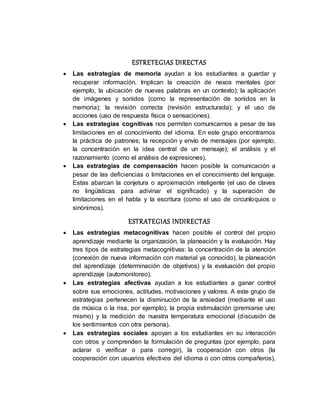 ESTRETEGIAS DIRECTAS
 Las estrategias de memoria ayudan a los estudiantes a guardar y
recuperar información. Implican la creación de nexos mentales (por
ejemplo, la ubicación de nuevas palabras en un contexto); la aplicación
de imágenes y sonidos (como la representación de sonidos en la
memoria); la revisión correcta (revisión estructurada); y el uso de
acciones (uso de respuesta física o sensaciones).
 Las estrategias cognitivas nos permiten comunicarnos a pesar de las
limitaciones en el conocimiento del idioma. En este grupo encontramos
la práctica de patrones; la recepción y envío de mensajes (por ejemplo,
la concentración en la idea central de un mensaje); el análisis y el
razonamiento (como el análisis de expresiones).
 Las estrategias de compensación hacen posible la comunicación a
pesar de las deficiencias o limitaciones en el conocimiento del lenguaje.
Estas abarcan la conjetura o aproximación inteligente (el uso de claves
no lingüísticas para adivinar el significado) y la superación de
limitaciones en el habla y la escritura (como el uso de circunloquios o
sinónimos).
ESTRATEGIAS INDIRECTAS
 Las estrategias metacognitivas hacen posible el control del propio
aprendizaje mediante la organización, la planeación y la evaluación. Hay
tres tipos de estrategias metacognitivas: la concentración de la atención
(conexión de nueva información con material ya conocido), la planeación
del aprendizaje (determinación de objetivos) y la evaluación del propio
aprendizaje (automonitoreo).
 Las estrategias afectivas ayudan a los estudiantes a ganar control
sobre sus emociones, actitudes, motivaciones y valores. A este grupo de
estrategias pertenecen la disminución de la ansiedad (mediante el uso
de música o la risa, por ejemplo), la propia estimulación (premiarse uno
mismo) y la medición de nuestra temperatura emocional (discusión de
los sentimientos con otra persona).
 Las estrategias sociales apoyan a los estudiantes en su interacción
con otros y comprenden la formulación de preguntas (por ejemplo, para
aclarar o verificar o para corregir), la cooperación con otros (la
cooperación con usuarios efectivos del idioma o con otros compañeros),
 