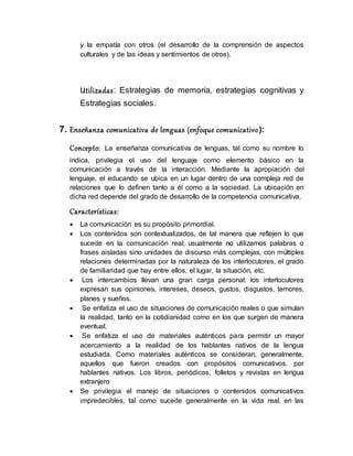 y la empatía con otros (el desarrollo de la comprensión de aspectos
culturales y de las ideas y sentimientos de otros).
Utilizadas: Estrategias de memoria, estrategias cognitivas y
Estrategias sociales.
7. Enseñanza comunicativa de lenguas (enfoque comunicativo):
Concepto: La enseñanza comunicativa de lenguas, tal como su nombre lo
indica, privilegia el uso del lenguaje como elemento básico en la
comunicación a través de la interacción. Mediante la apropiación del
lenguaje, el educando se ubica en un lugar dentro de una compleja red de
relaciones que lo definen tanto a él como a la sociedad. La ubicación en
dicha red depende del grado de desarrollo de la competencia comunicativa.
Características:
 La comunicación es su propósito primordial.
 Los contenidos son contextualizados, de tal manera que reflejen lo que
sucede en la comunicación real; usualmente no utilizamos palabras o
frases aisladas sino unidades de discurso más complejas, con múltiples
relaciones determinadas por la naturaleza de los interlocutores, el grado
de familiaridad que hay entre ellos, el lugar, la situación, etc.
 Los intercambios llevan una gran carga personal: los interlocutores
expresan sus opiniones, intereses, deseos, gustos, disgustos, temores,
planes y sueños.
 Se enfatiza el uso de situaciones de comunicación reales o que simulan
la realidad, tanto en la cotidianidad como en los que surgen de manera
eventual.
 Se enfatiza el uso de materiales auténticos para permitir un mayor
acercamiento a la realidad de los hablantes nativos de la lengua
estudiada. Como materiales auténticos se consideran, generalmente,
aquellos que fueron creados con propósitos comunicativos, por
hablantes nativos. Los libros, periódicos, folletos y revistas en lengua
extranjero
 Se privilegia el manejo de situaciones o contenidos comunicativos
impredecibles, tal como sucede generalmente en la vida real, en las
 