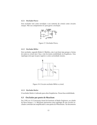 4.2.1 Oscilador Pierce
Este oscilador tem como novidade o uso somente de cristais como circuito
tanque. Não usa componentes LC para gerar a oscilação.
Figura 17: Oscilador Pierce.
4.2.2 Oscilador Miller
Este oscilador, segundo Robert J. Matthys, não é um bom tipo porque a forma
de onda no cristal não é boa e não há muita estabilidade na freqüência. Esta
topologia está aqui só para registro e como curiosidade mesmo.
Figura 18: Circuito oscilador Miller a cristal.
4.2.3 Oscilador Butler
O oscilador Butler é indicado para altas freqüências. Possui boa estabilidade.
4.3 Oscilador por ponte de Meacham
Em 1938, na 13ª Convenção Anual do Institute of Radio Engineers, na cidade
de Nova Iorque L. A. Meacham apresentou uma topologia de um circuito os-
cilador contendo um ampliﬁcador e uma ponte de Wheatstone. No documento
12
 