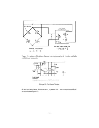 Figura 21: À época, Meacham chamou esta conﬁguração de circuito oscilador
estabilizado por ponte.
Figura 22: Oscilador Vackar.
de ondas triangulares, dente-de-serra, exponenciais. . . um exemplo usando AO
se encontra na ﬁgura ??.
14
 