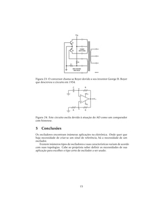 Figura 23: O conversor chama-se Royer devido a seu inventor George H. Royer
que descreveu o circuito em 1954.
Figura 24: Este circuito oscila devido à atuação do AO como um comparador
com histerese.
5 Conclusões
Os osciladores encontram inúmeras aplicações na eletrônica. Onde quer que
haja necessidade de criar-se um sinal de referência, há a necessidade de um
oscilador.
Existem inúmeros tipos de osciladores e suas características variam de acordo
com suas topologias. Cabe ao projetista saber deﬁnir as necessidades de sua
aplicação para escolher o tipo certo de oscilador a ser usado.
15
 