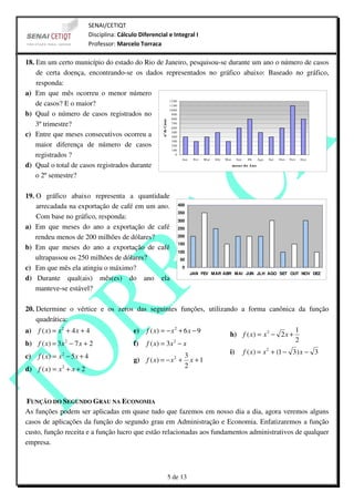 SENAI/CETIQT
                       Disciplina: Cálculo Diferencial e Integral I
                       Professor: Marcelo Torraca

18. Em um certo município do estado do Rio de Janeiro, pesquisou-se durante um ano o número de casos
    de certa doença, encontrando-se os dados representados no gráfico abaixo: Baseado no gráfico,
    responda:
a) Em que mês ocorreu o menor número
    de casos? E o maior?                       1200
                                               1100
                                               1000
b) Qual o número de casos registrados no        900
                                                800




                                                    nº de Casos
    3º trimestre?                               700
                                                600

c) Entre que meses consecutivos ocorreu a       500
                                                400
                                                300
    maior diferença de número de casos          200
                                                100
    registrados ?                                 0
                                                    Jan Fev M ar Abr M ai   Jun    Jlh   Ago Set O ut N ov D ez

d) Qual o total de casos registrados durante                              m eses do A no

    o 2º semestre?

19. O gráfico abaixo representa a quantidade
    arrecadada na exportação de café em um ano.                      400
                                                                     350
    Com base no gráfico, responda:                                   300
a) Em que meses do ano a exportação de café                          250

    rendeu menos de 200 milhões de dólares?                          200
                                                                     150
b) Em que meses do ano a exportação de café
                                                                     100
    ultrapassou os 250 milhões de dólares?                            50

c) Em que mês ela atingiu o máximo?                                    0
                                                                            JAN FEV MAR ABR MAI JUN JLH AGO SET OUT NOV DEZ
d) Durante qual(ais) mês(es) do ano ela
    manteve-se estável?

20. Determine o vértice e os zeros das seguintes funções, utilizando a forma canônica da função
    quadrática:
a) f ( x) = x 2 + 4 x + 4         e) f ( x) = − x 2 + 6 x − 9                             1
                                                                  h) f ( x) = x 2 − 2 x +
                                                                                          2
b) f ( x) = 3x 2 − 7 x + 2        f) f ( x) = 3x 2 − x
                                                      3           i) f ( x) = x 2 + (1 − 3 ) x − 3
c) f ( x) = x 2 − 5 x + 4                        2
                                  g) f ( x) = − x + x + 1
              2
d) f ( x) = x + x + 2                                 2



FUNÇÃO DO SEGUNDO GRAU NA ECONOMIA
As funções podem ser aplicadas em quase tudo que fazemos em nosso dia a dia, agora veremos alguns
casos de aplicações da função do segundo grau em Administração e Economia. Enfatizaremos a função
custo, função receita e a função lucro que estão relacionadas aos fundamentos administrativos de qualquer
empresa.



                                                                  5 de 13
 