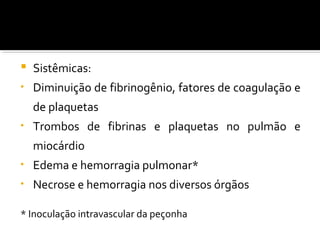  Sistêmicas:
• Diminuição de fibrinogênio, fatores de coagulação e
de plaquetas
• Trombos de fibrinas e plaquetas no pulmão e
miocárdio
• Edema e hemorragia pulmonar*
• Necrose e hemorragia nos diversos órgãos
* Inoculação intravascular da peçonha
 