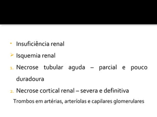 • Insuficiência renal
 Isquemia renal
1. Necrose tubular aguda – parcial e pouco
duradoura
2. Necrose cortical renal – severa e definitiva
Trombos em artérias, arteríolas e capilares glomerulares
 