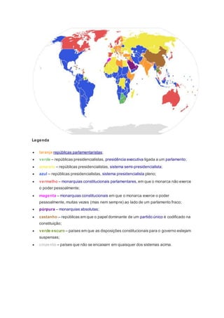 Legenda
 laranja repúblicas parlamentaristas;
 verde – repúblicas presidencialistas, presidência executiva ligada a um parlamento;
 amarelo – repúblicas presidencialistas, sistema semi-presidencialista;
 azul – repúblicas presidencialistas, sistema presidencialista pleno;
 vermelho – monarquias constitucionais parlamentares, em que o monarca não exerce
o poder pessoalmente;
 magenta – monarquias constitucionais em que o monarca exerce o poder
pessoalmente, muitas vezes (mas nem sempre) ao lado de um parlamento fraco;
 púrpura – monarquias absolutas;
 castanho – repúblicas em que o papel dominante de um partido único é codificado na
constituição;
 verde escuro – países em que as disposições constitucionais para o governo estejam
suspensas;
 cinzento – países que não se encaixam em quaisquer dos sistemas acima.
 