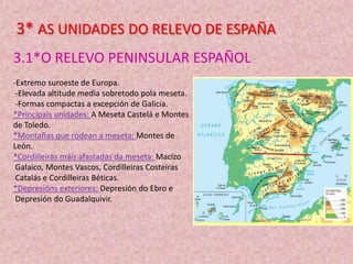3* AS UNIDADES DO RELEVO DE ESPAÑA
3.1*O RELEVO PENINSULAR ESPAÑOL
-Extremo suroeste de Europa.
-Elevada altitude media sobretodo pola meseta.
-Formas compactas a excepción de Galicia.
*Principais unidades: A Meseta Castelá e Montes
de Toledo.
*Montañas que rodean a meseta: Montes de
León.
*Cordilleiras máis afastadas da meseta: Macizo
Galaico, Montes Vascos, Cordilleiras Costeiras
Catalás e Cordilleiras Béticas.
*Depresións exteriores: Depresión do Ebro e
Depresión do Guadalquivir.

 