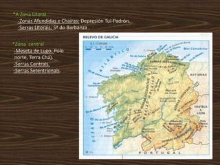 *A Zona Litoral.
-Zonas Afundidas e Chairas: Depresión Tui-Padrón.
-Serras Litorais: Sª do Barbanza .
*Zona central
-Meseta de Lugo: Polo
norte, Terra Chá).
-Serras Centrais.
-Serras Setentrionais.

 