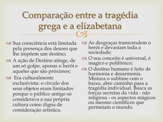 
Comparação entre a tragédia
grega e a elizabetana
 Sua consciência está limitada
pela presença dos deuses que
lhe impõem um destino;
 A ação de Destino atinge, de
um só golpe, apenas o herói e
aqueles que são próximos;
 Era culturalmente
exclusivista: o círculo dos
seus objetos eram limitados
porque o público antigo só
considerava a sua própria
cultura como digna de
consideração artística.
 As desgraças transcendem o
herói e devastam toda a
sociedade;
 O seu conceito é universal, é
magico e polifônico;
 O destino humano é feito de
harmonia e desarmonia.
Mistura o sublime com o
baixo, abre caminho para a
tragédia individual. Busca as
forças secretas da vida - não
religiosa - os aspectos mágicos
ou mesmo científicos que
permeiam o mundo.
 