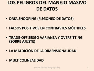 LOS PELIGROS DEL MANEJO MASIVO
DE DATOS
• DATA SNOOPING (FISGONEO DE DATOS)
• FALSOS POSITIVOS EN CONTRASTES MÚLTIPLES
• T...