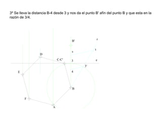 3º Se lleva la distancia B-4 desde 3 y nos da el punto B' afín del punto B y que esta en la
razón de 3/4.
e
B
C-C'
D
E
F
s
t
3
3'
4
B'
r
 