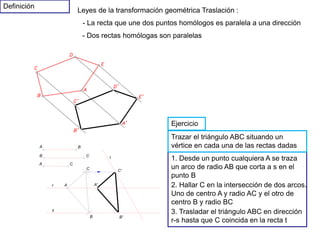 Definición
Leyes de la transformación geométrica Traslación :
- La recta que une dos puntos homólogos es paralela a una dirección
- Dos rectas homólogas son paralelas
Ejercicio
Trazar el triángulo ABC situando un
vértice en cada una de las rectas dadas
1. Desde un punto cualquiera A se traza
un arco de radio AB que corta a s en el
punto B
2. Hallar C en la intersección de dos arcos.
Uno de centro A y radio AC y el otro de
centro B y radio BC
B
A C
A A'
C
B'
C'
r
s
t
A B
B C
3. Trasladar el triángulo ABC en dirección
r-s hasta que C coincida en la recta t
 