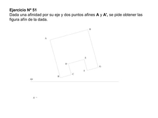 Ejercicio Nº 51
Dada una afinidad por su eje y dos puntos afines A y A', se pide obtener las
figura afín de la dada.
eje
A
A'
B
C
D
E
F
G
H
 