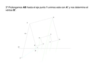 3º Prolongamos AB hasta el eje punto 1 unimos este con A' y nos determina el
vértice B'.
eje
A
A'
B
C
D
E
F
G
H
1
B'
d.a
 