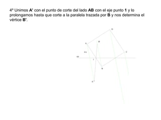 4º Unimos A' con el punto de corte del lado AB con el eje punto 1 y lo
prolongamos hasta que corte a la paralela trazada por B y nos determina el
vértice B'.
d.a
A
A'
B'
B
C
D
eje
1
 