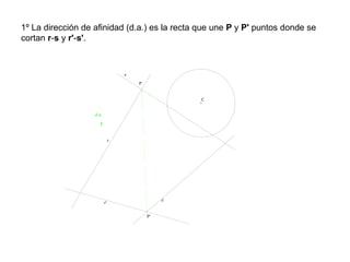 1º La dirección de afinidad (d.a.) es la recta que une P y P' puntos donde se
cortan r-s y r'-s'.
r'
s'
C
s
r
P
P'
d.a
 
