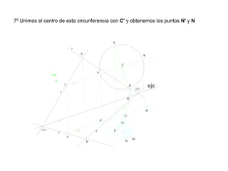 7º Unimos el centro de esta circunferencia con C' y obtenemos los puntos N' y N
r'
s'
C
s
r
eje
P
P'
d.a
C'
A
B
A'
B'
E
D
D'
E'
M'
N'
N'
1-1'
2-2'
3
3'
 