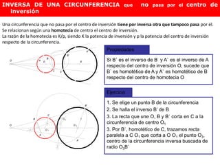 Ejercicio
1. Se elige un punto B de la circunferencia
2. Se halla el inverso B’ de B
3. La recta que une O, B y B` corta en C a la
circunferencia de centro O1
Propiedades
Si B´ es el inverso de B y A` es el inverso de A
respecto del centro de inversión O, sucede que
B` es homotético de A y A` es homotético de B
respecto del centro de homotecia O
3. Por B`, homotético de C, trazamos recta
paralela a C O1 que corta a O O1 el punto O3,
centro de la circunferencia inversa buscada de
radio O3B`
B
C
2O
O
1O
A'
A
3O
B'
E
C'C
A
A'
B
B'
O D
INVERSA DE UNA CIRCUNFERENCIA que no pasa por el centro de
inversión
Una circunferencia que no pasa por el centro de inversión tiene por inversa otra que tampoco pasa por él.
Se relacionan según una homotecia de centro el centro de inversión.
La razón de la homotecia es K/p, siendo K la potencia de inversión y p la potencia del centro de inversión
respecto de la circunferencia.
 