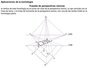 Trazado de perspectivas cónicas
Aplicaciones de la homología
el vértice de esta homología es el punto de vista de la perspectiva cónica, su eje coincide con la
línea de tierra, y la línea de horizonte de la perspectiva cónica, con una de las rectas límite en la
homología plana.
 