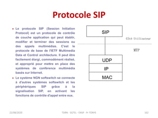 Protocole SIP
22/08/2020
 Le protocole SIP (Session Initiation
Protocol) est un protocole de contrôle
de couche application qui peut établir,
modifier et terminer des sessions ou
des appels multimédias. C'est le
protocole de base de l'IETF Multimedia
Data et Control architecture. Il peut être
facilement élargi, commodément réalisé,
et approprié pour mettre en place des
systèmes de conférence multimédia
basés sur Internet.
 Le système NGN softswitch se connecte
à d'autres systèmes softswitch et les
périphériques SIP grâce à la
signalisation SIP, en activant les
fonctions de contrôle d'appel entre eux.
MAC
IP
UDP
SIP
Côté Utilisateur
MTP
TDRN - 5GTEL - ENSP - Pr TONYE 162
 