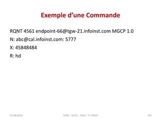 Exemple d’une Commande
RQNT 4561 endpoint-66@tgw-21.infoinst.com MGCP 1.0
N: abc@cal.infoinst.com: 5777
X: 45848484
R: hd
22/08/2020 TDRN - 5GTEL - ENSP - Pr TONYE 194
 