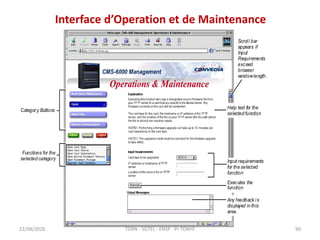Interface d’Operation et de Maintenance
22/08/2020
Category Buttons
Functions for the
selected category
Help text for the
selected function
Input requirements
for the selected
function
Executes the
function
Any feedback is
displayed in this
area.
Scroll bar
appears if
Input
Requirements
exceed
browser
windowlength.
TDRN - 5GTEL - ENSP - Pr TONYE 90
 